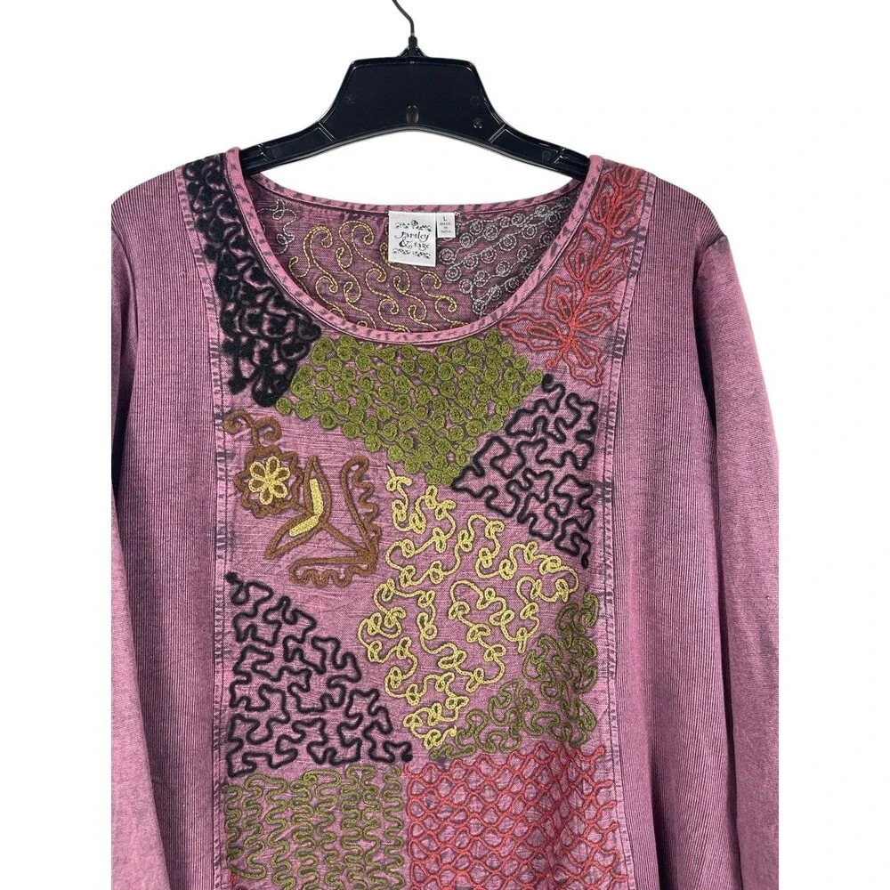 Parsley & Sage L Purple Patchwork Embroidered Tunic Top Boho Artsy Lagenlook